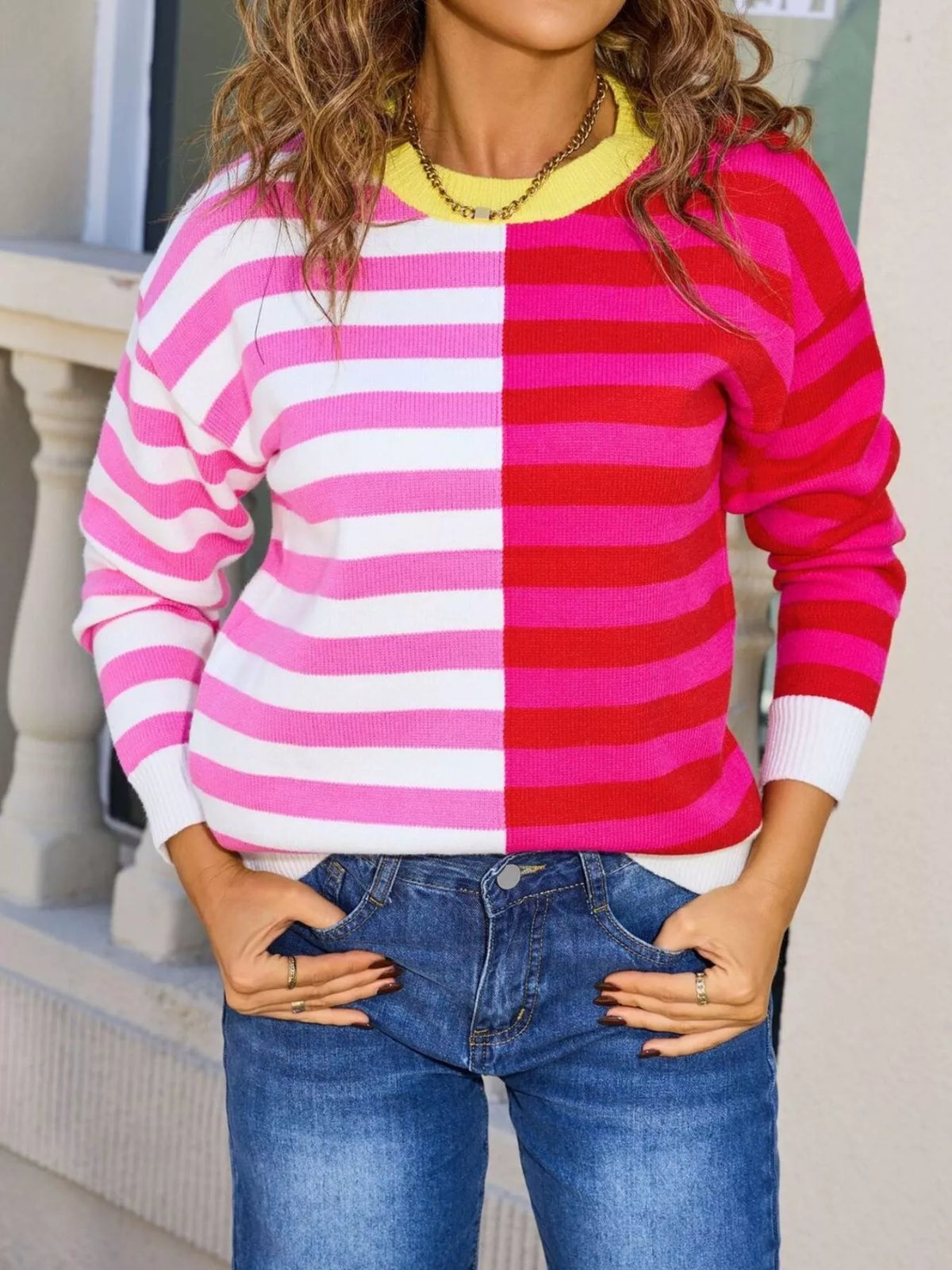 striped round neck sweater front view