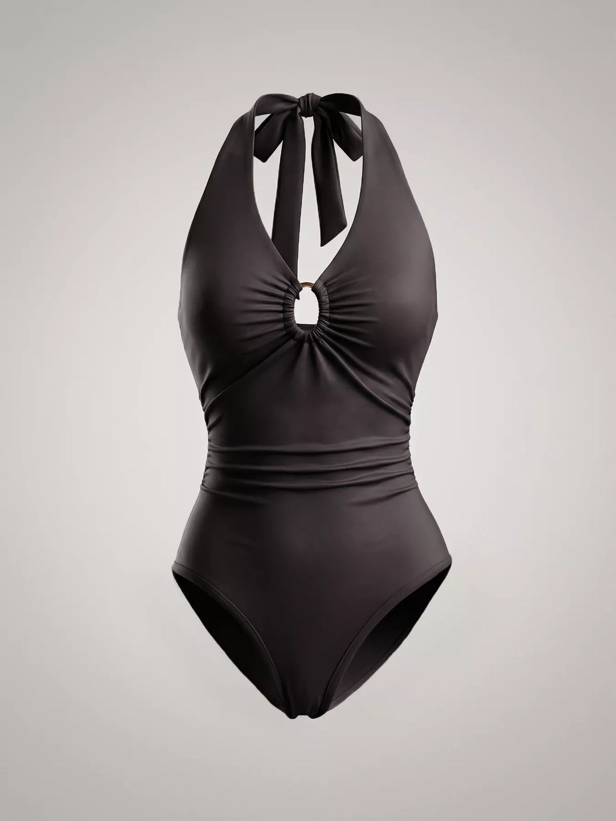 Black halter neck ruched bodysuit shown on model