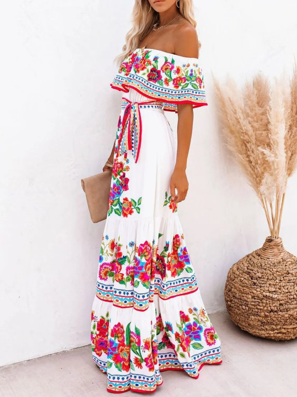 Floral off shoulder ruffle maxi dress detail view