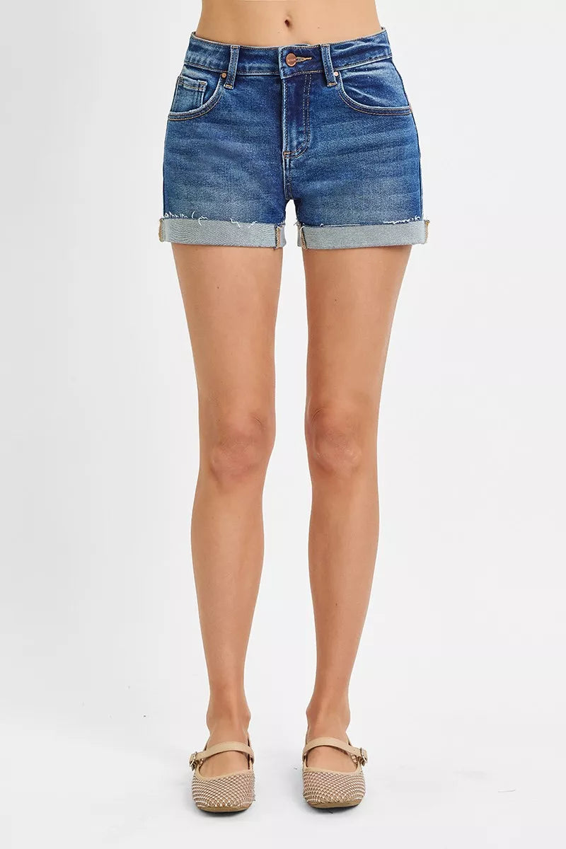 Dark wash denim low rise cuffed shorts front view