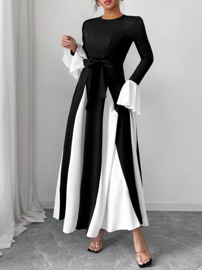 Black flare sleeve round neck maxi dress front view
