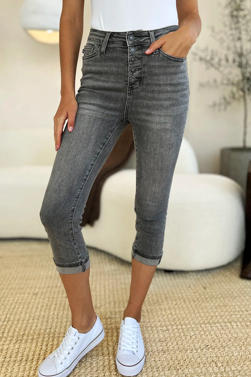 Judy Blue Full Size Button Fly High Waist Cuffed Capris GRAY - Fashorio