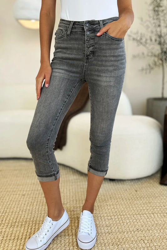 Judy Blue Full Size Button Fly High Waist Cuffed Capris GRAY - Fashorio