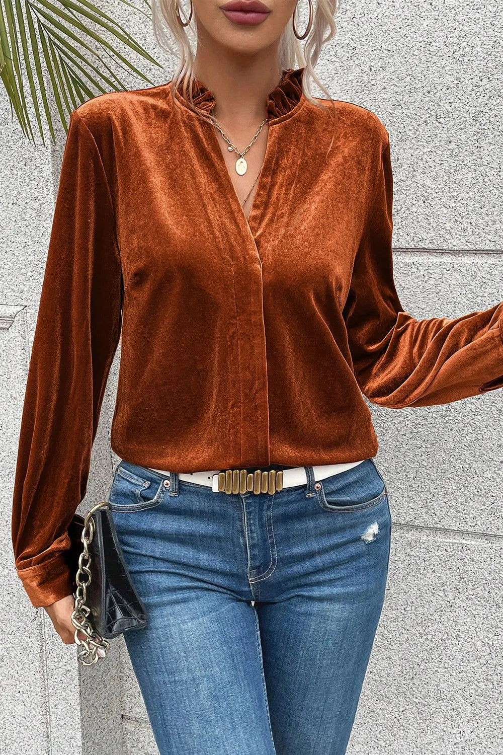 Notched Frill Detail Long Sleeve Blouse - Fashorio