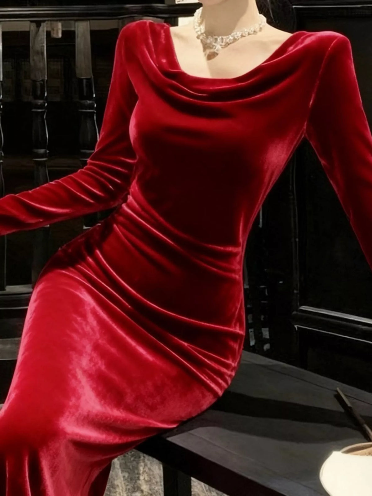 velvet cowl neck long sleeve midi dress full length view