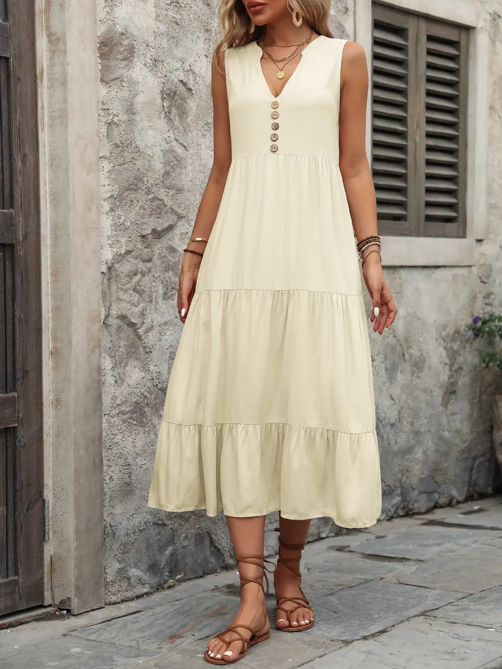 Ivy Lane Decorative Button Notched Sleeveless Dress - Fashorio
