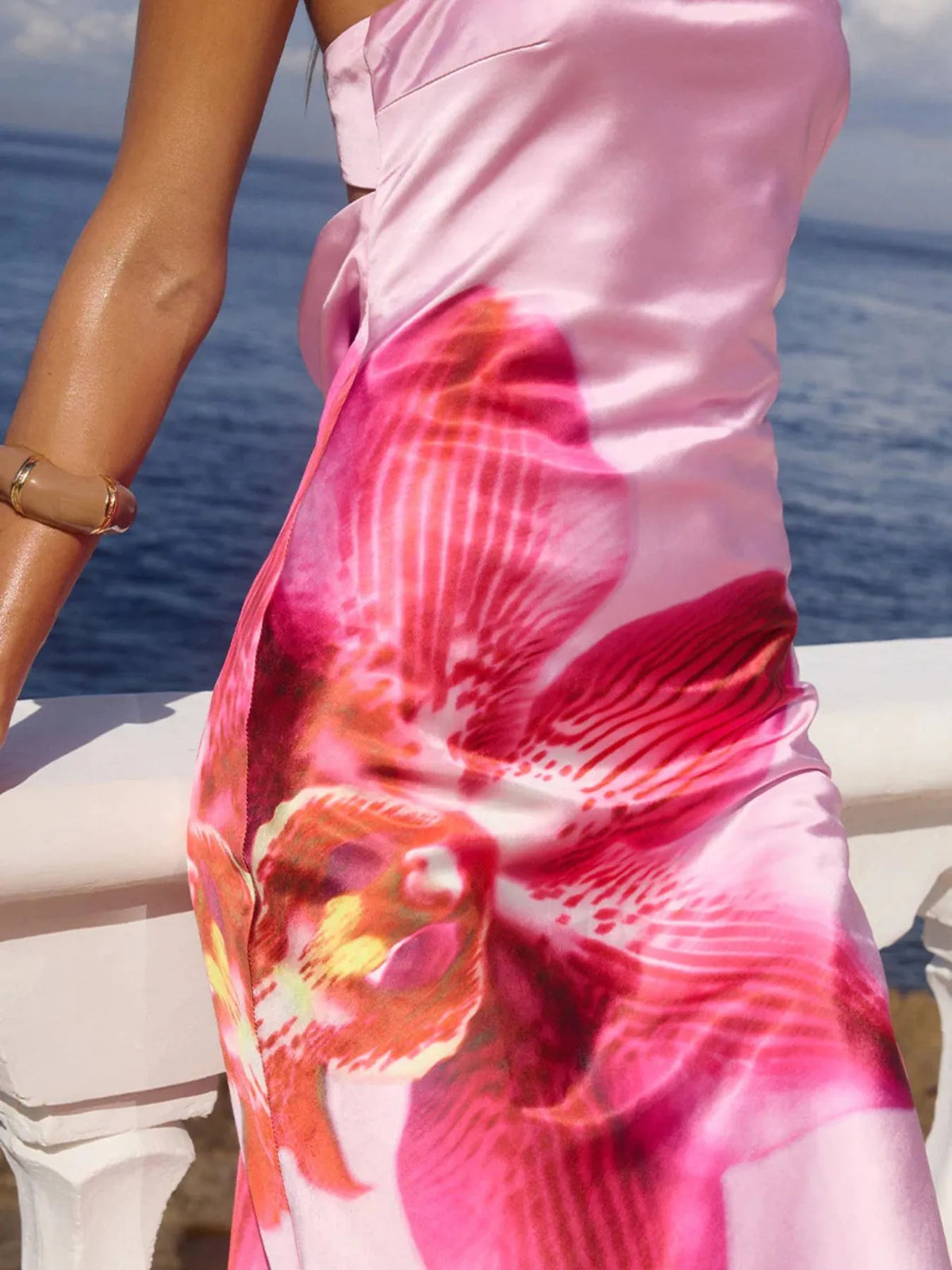 Printed strapless tube maxi dress side view