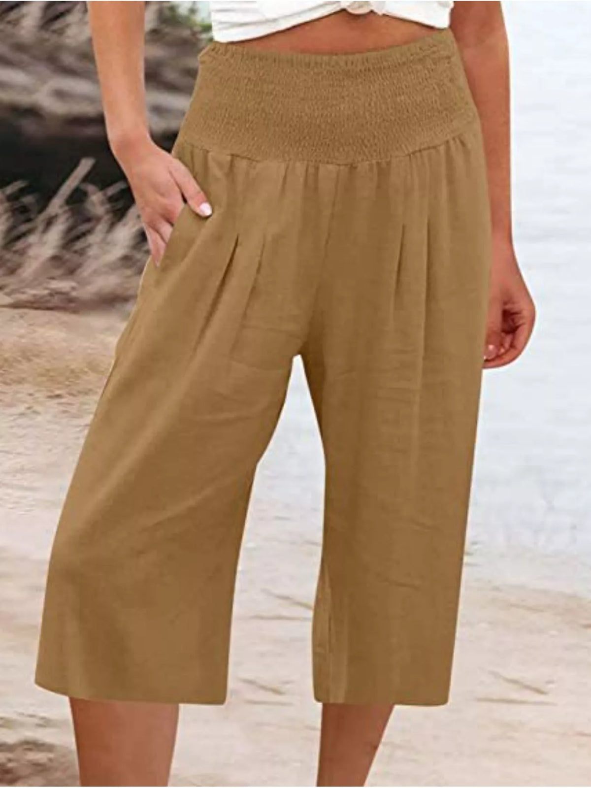 Wide leg capri pants styled with a fitted top