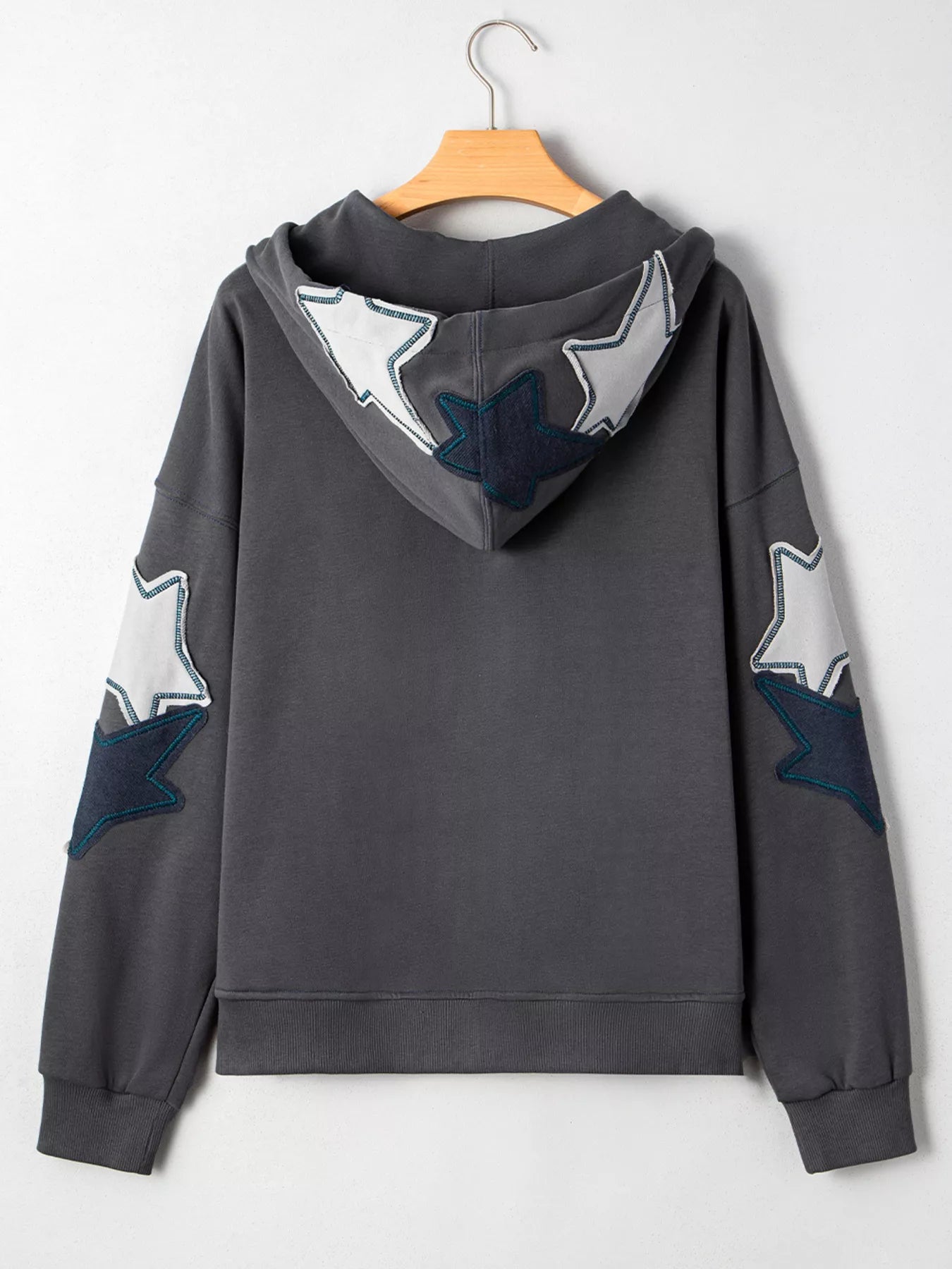 Star Patchwork Contrast Stitching Mineral Wash Kangaroo Pocket Hoodie - Fashorio