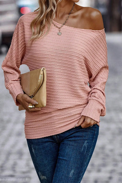 Texture Round Neck Long Sleeve Top Dusty Pink - Fashorio
