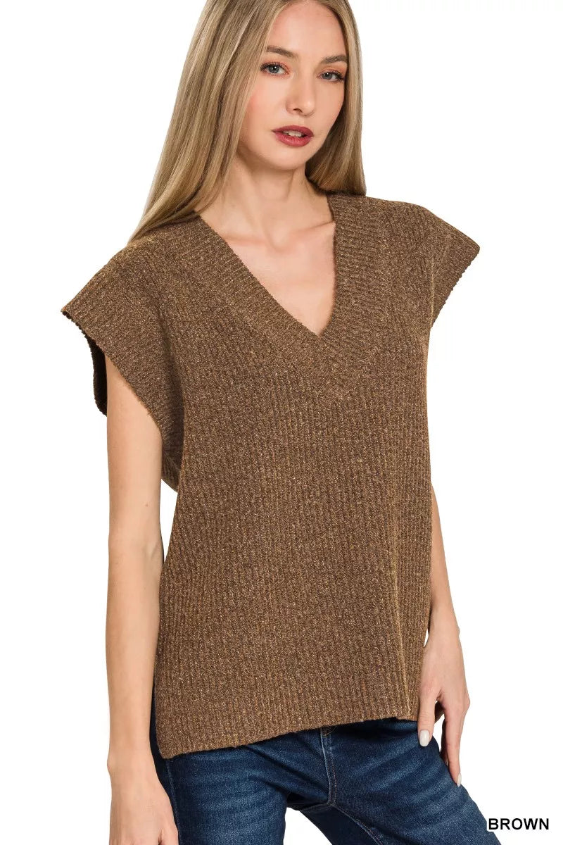 Ribbed Side Slit V Neck Sweater Vest in Brown