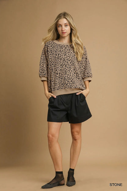 Umgee Leopard Knit Jacquard Puff Sleeve Sweatshirt - Fashorio