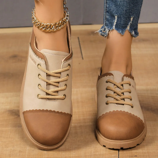 Color Block Lace Up Sneakers Khaki Color - Fashorio