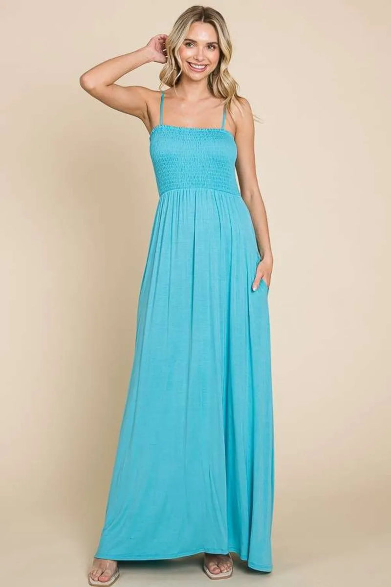 Pastel teal smocked cami maxi dress front view