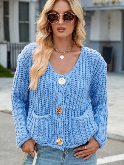 Round Neck Button Up Cardigan with Pockets - Fashorio