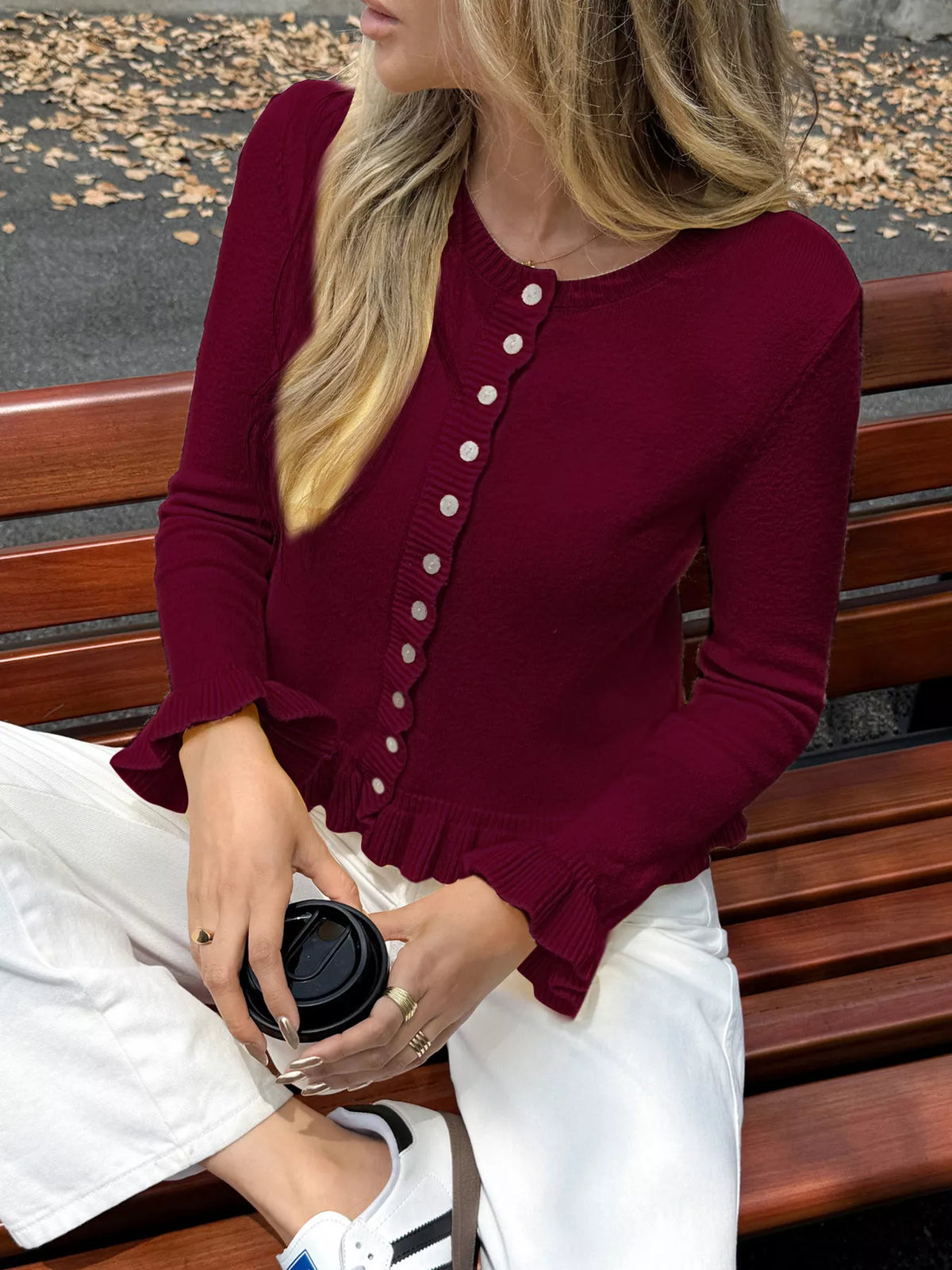 Ruffled Trim Button Up Knit Cardigan, view 7