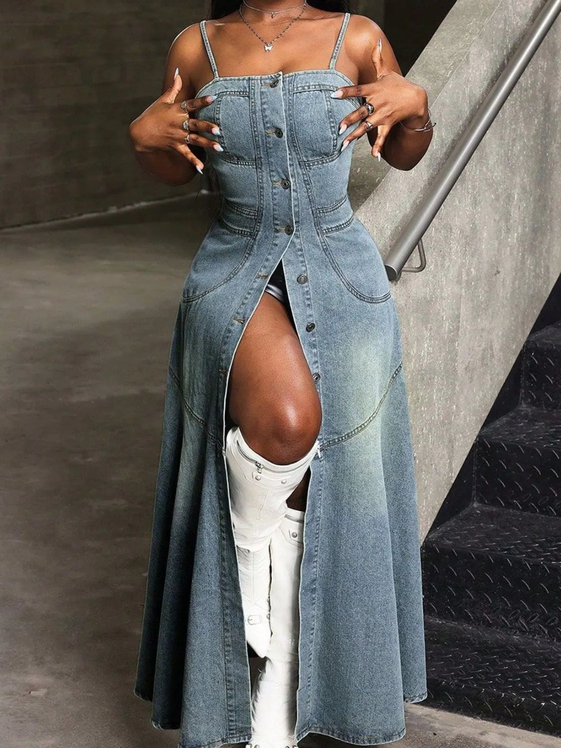 Smocked Button Front Denim Cami Dress - Fashorio