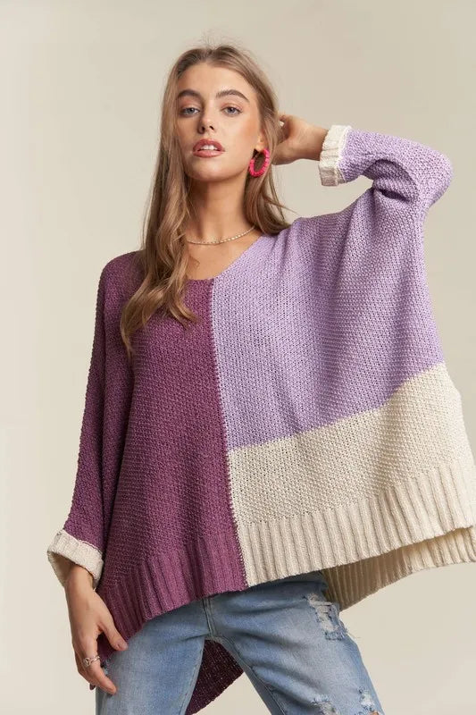 Side Slit Color Block Long Sleeve Sweater in Deep Purple