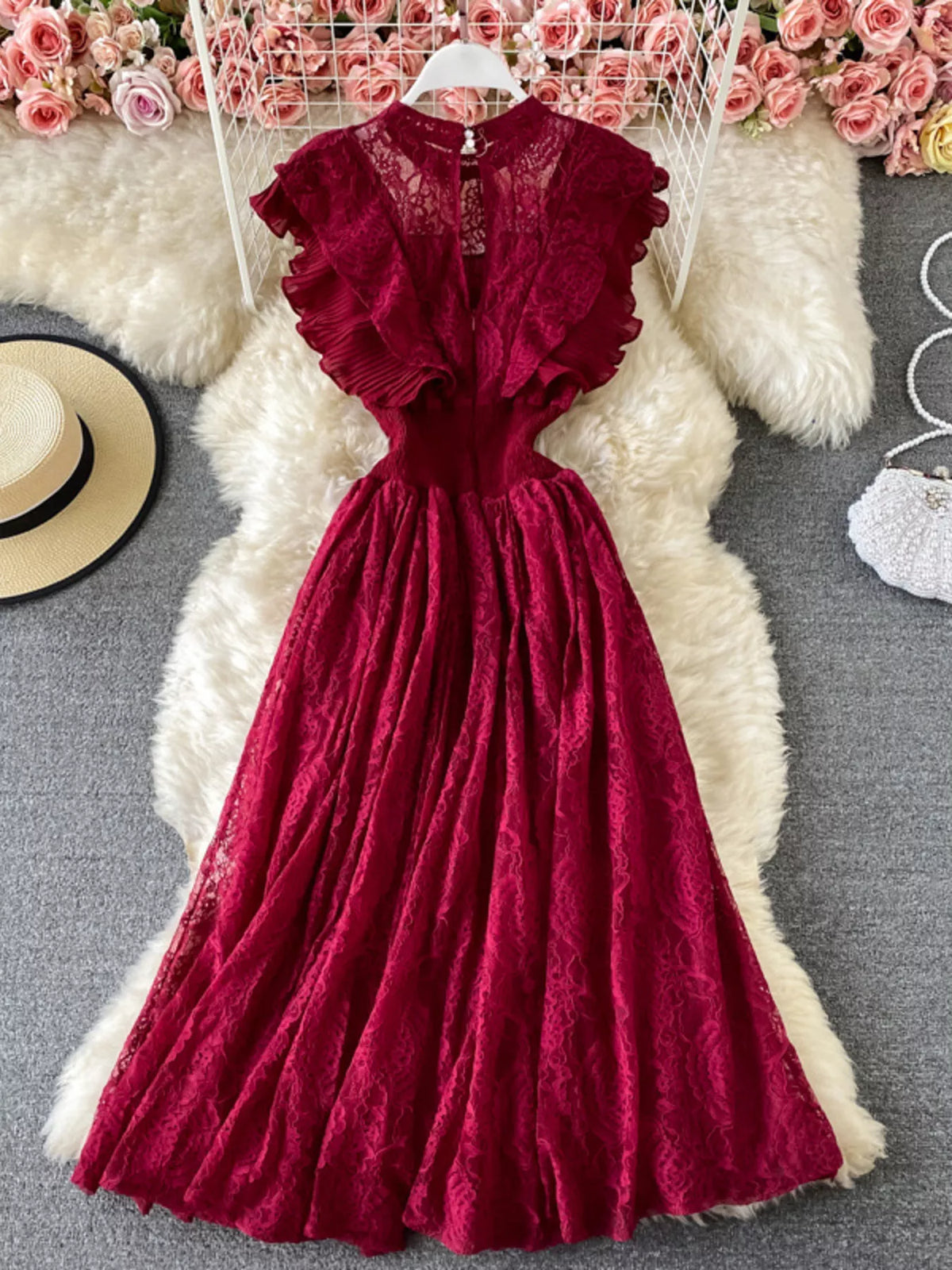 Ruffled mock neck lace maxi dress, full length view