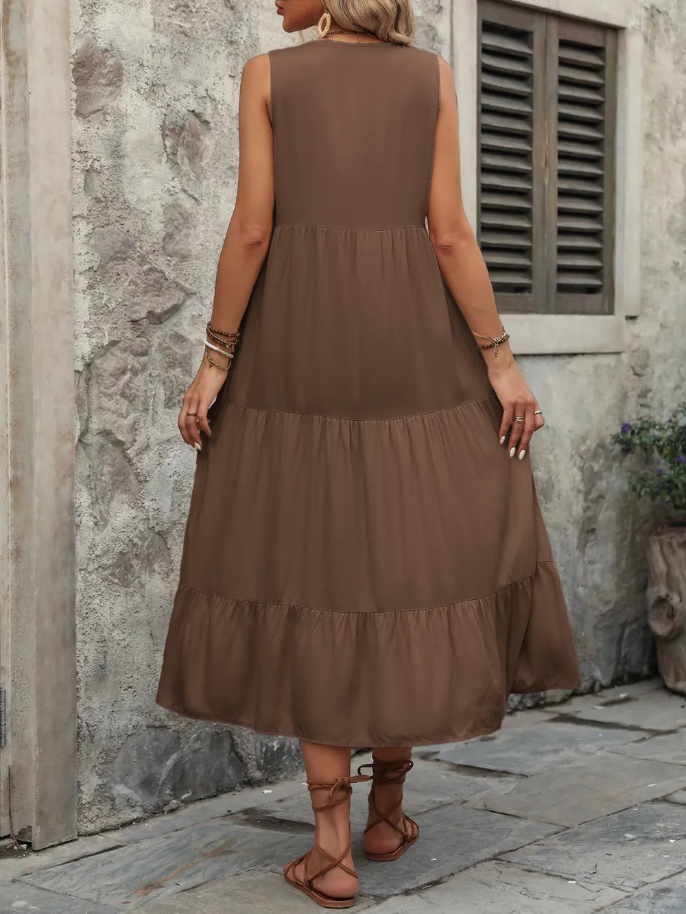 Ivy Lane Decorative Button Notched Sleeveless Dress - Fashorio