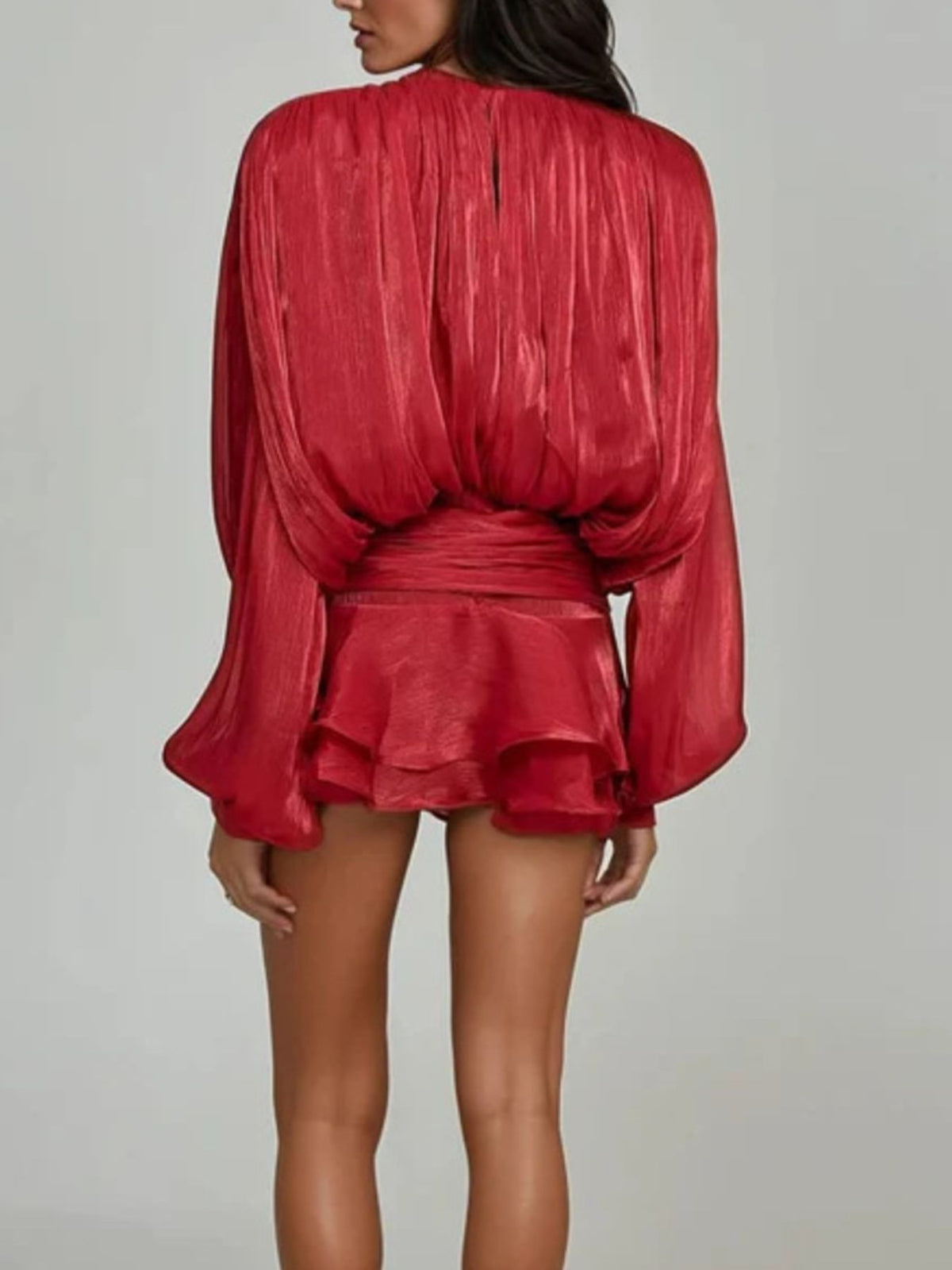 Wine red matching balloon sleeve top and skirt set detail