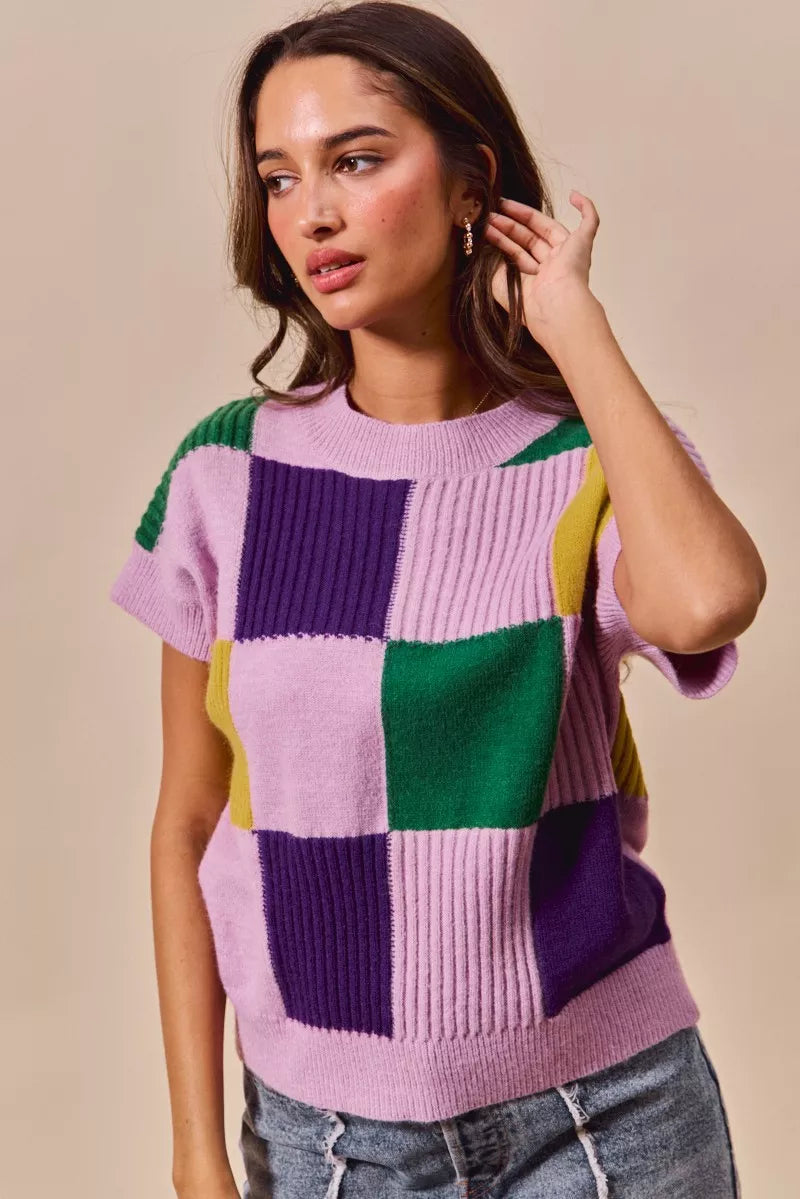 Check Plaid Casual Sweater Top in Lavender view 13