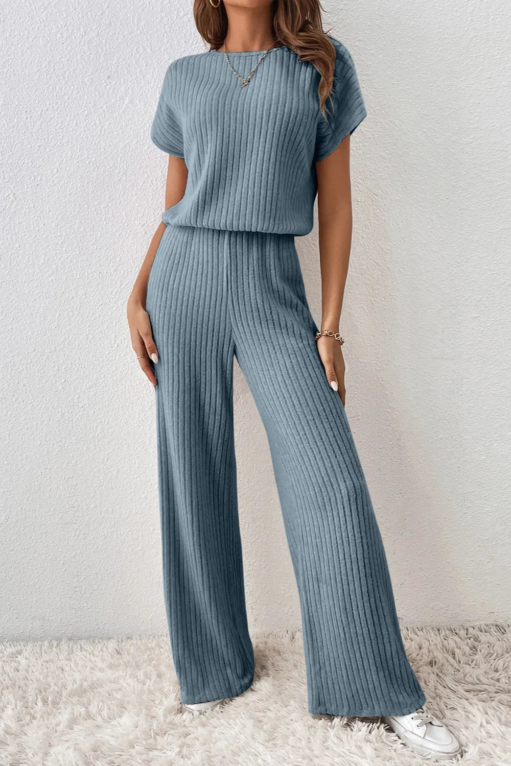 Ribbed Short Sleeve Wide Leg Jumpsuit Dark Gray - Fashorio