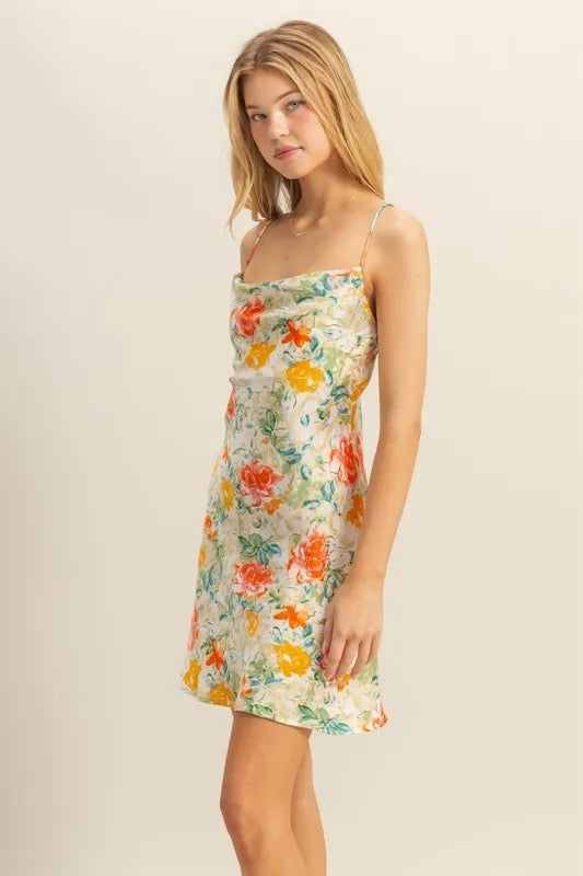 Floral Cowl Neck Flirty Satin Mini Dress side view