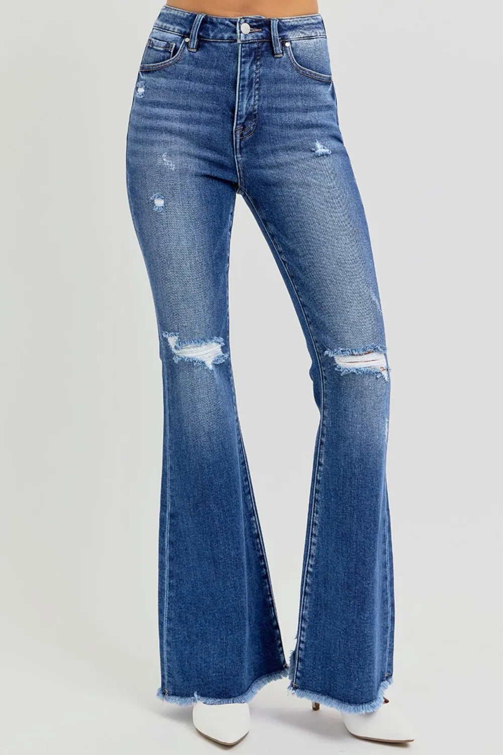 RISEN Full Size High Rise Distressed Raw Hem Flare Jeans - Fashorio