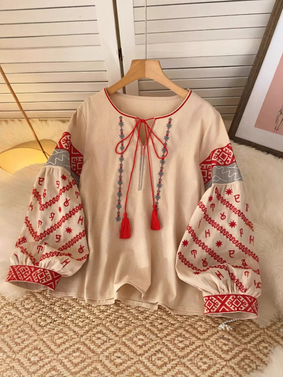 Embroidered tie neck blouse front view