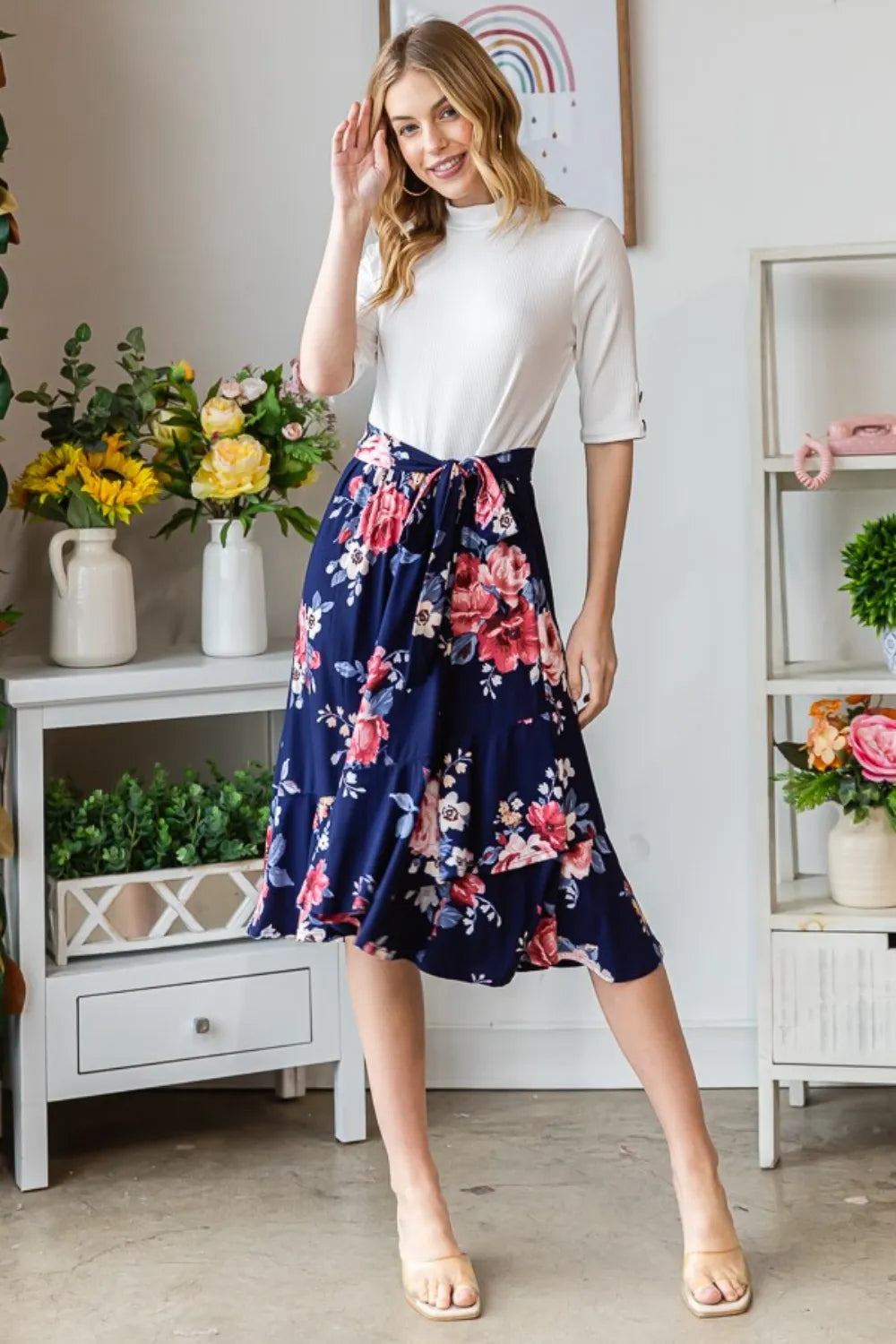 Floral Wrap Ruffle Dress in Navy