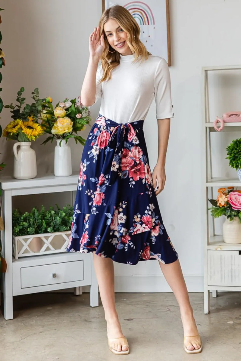 Floral Wrap Ruffle Dress in Navy