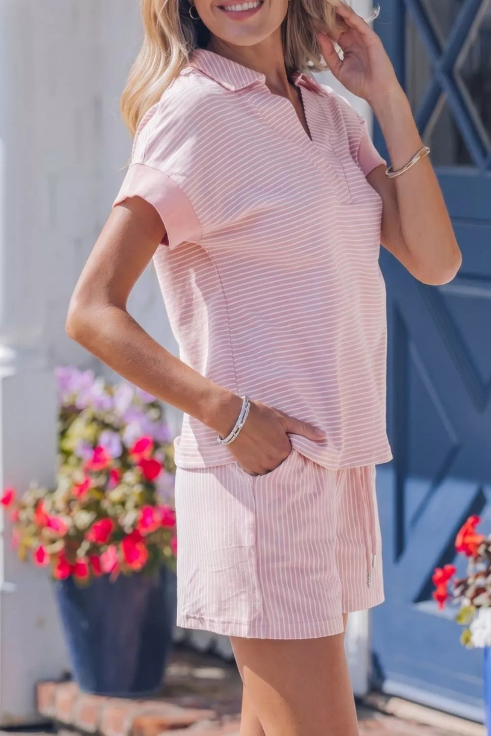 Stripe polo two piece set styling view