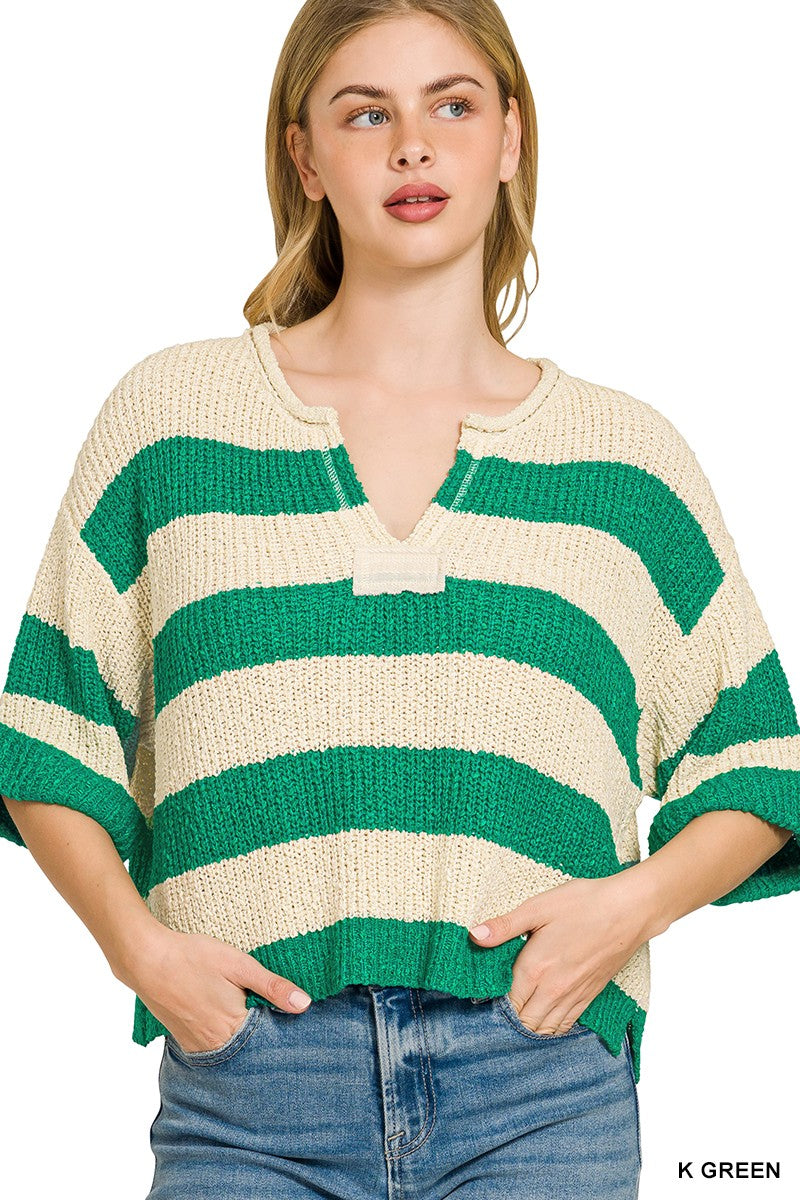 Striped split neck cropped sweater front view