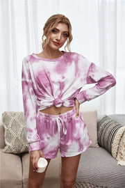 Tie-Dye Dropped Shoulder Top and Shorts Lounge Set Red-Violet - Fashorio