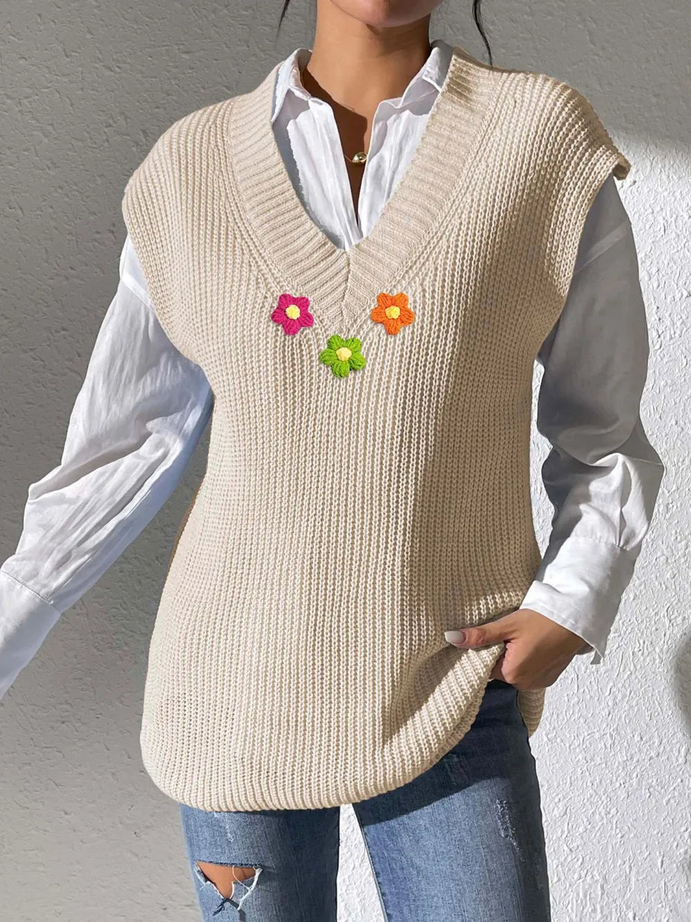 Floral V Neck Sweater Vest in Ivory close up