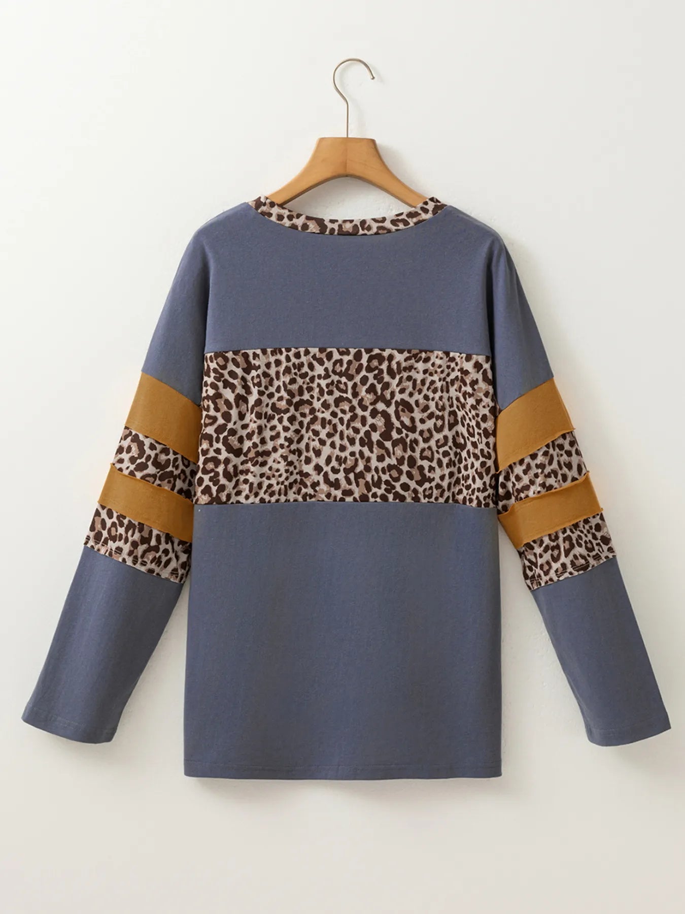 Leopard Color Block Long Sleeve Drop Shoulder Top - Fashorio