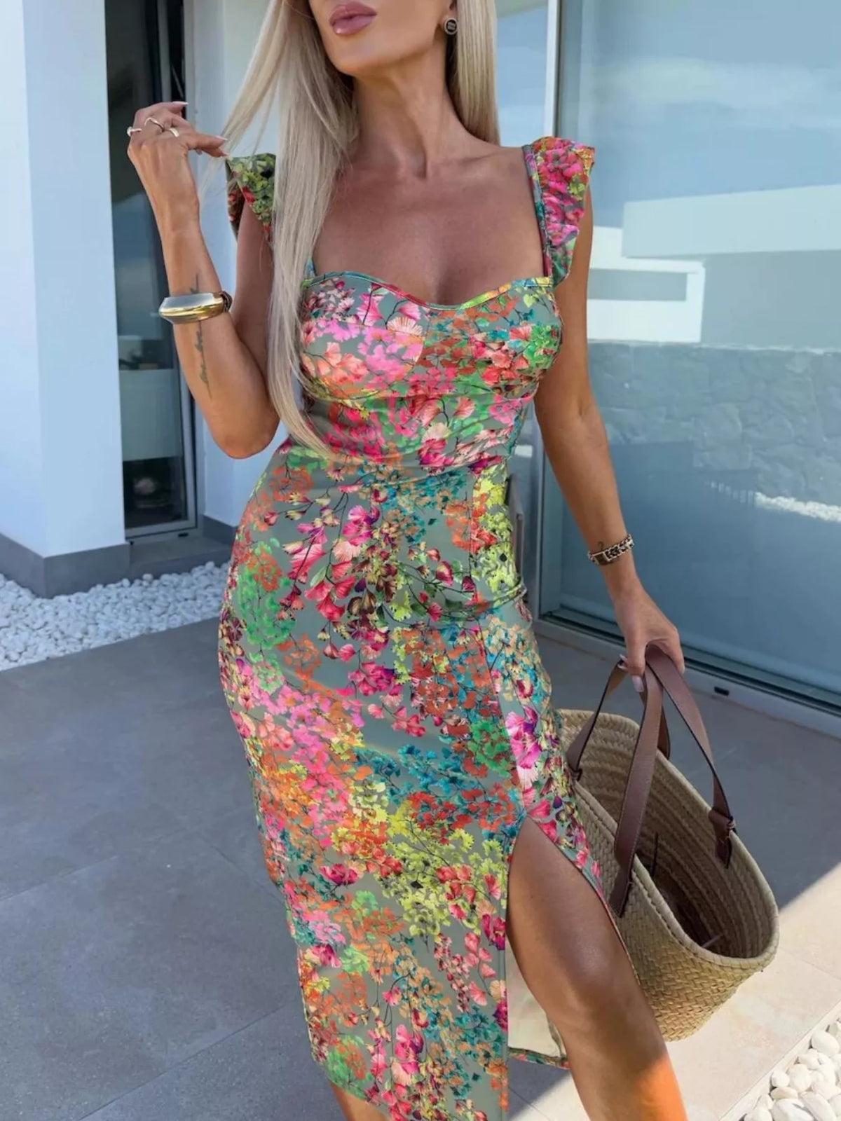 Green slit midi dress front pose