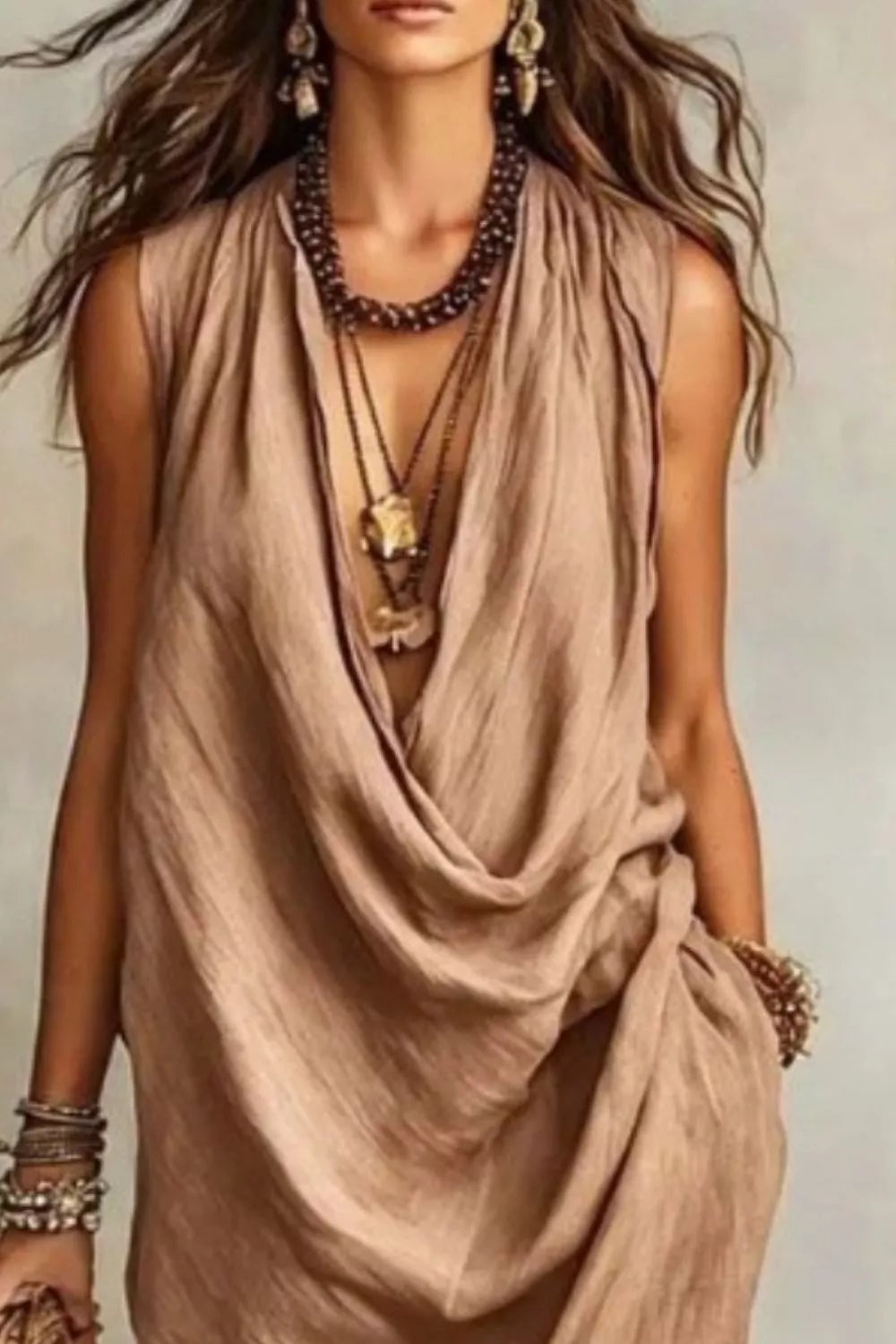 Sleeveless drape cowl neck midi dress styled view