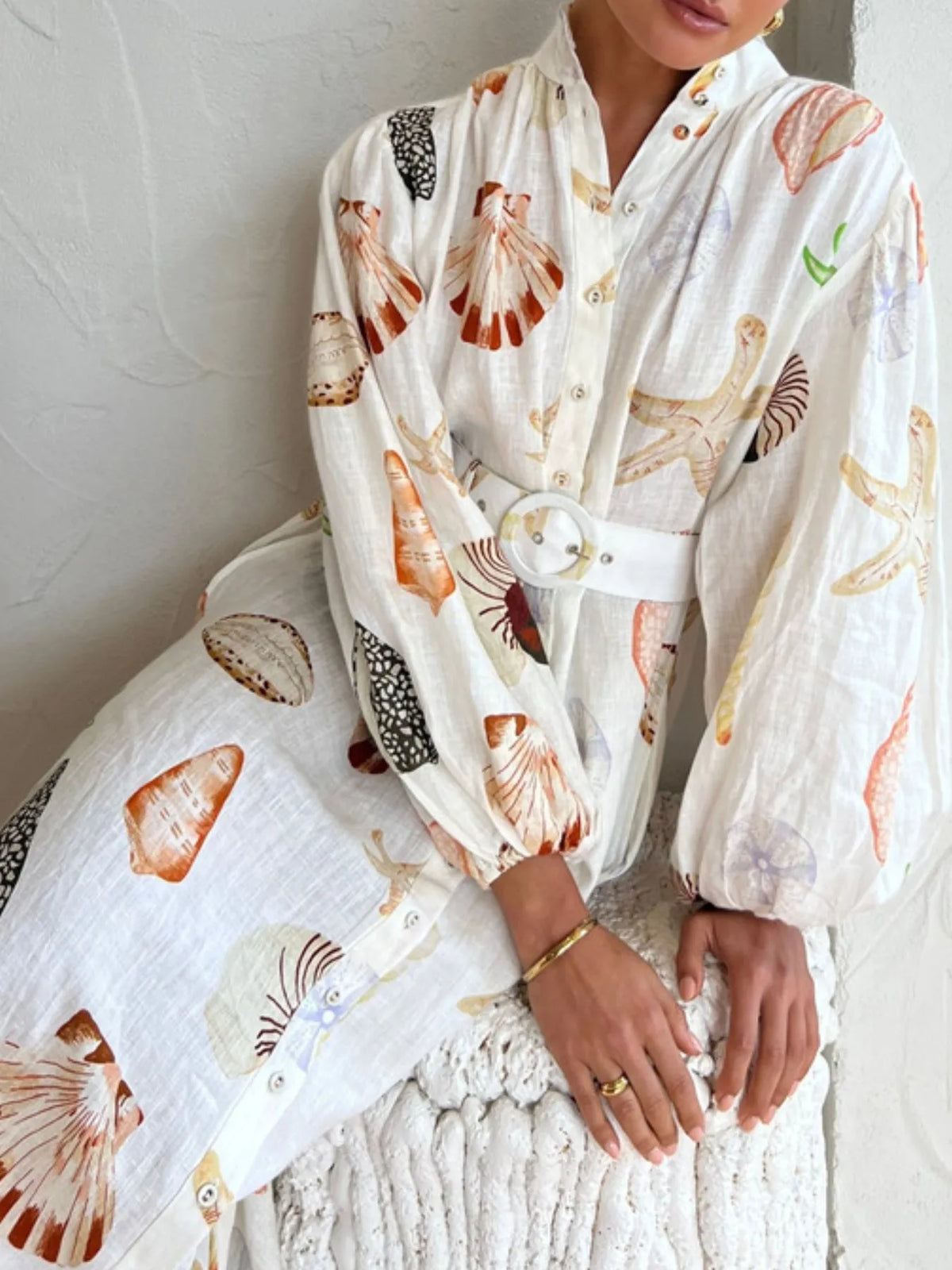 beige printed balloon sleeve maxi shirt dress side view