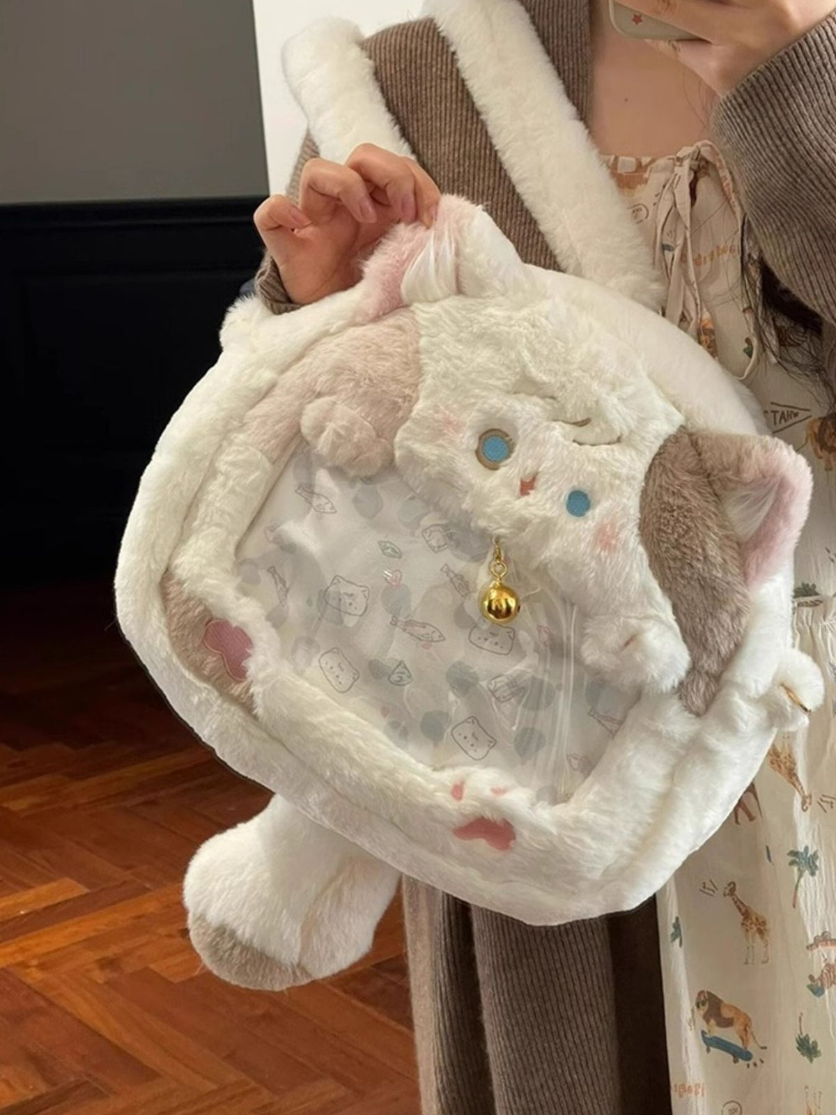 White plush cat mini backpack front view
