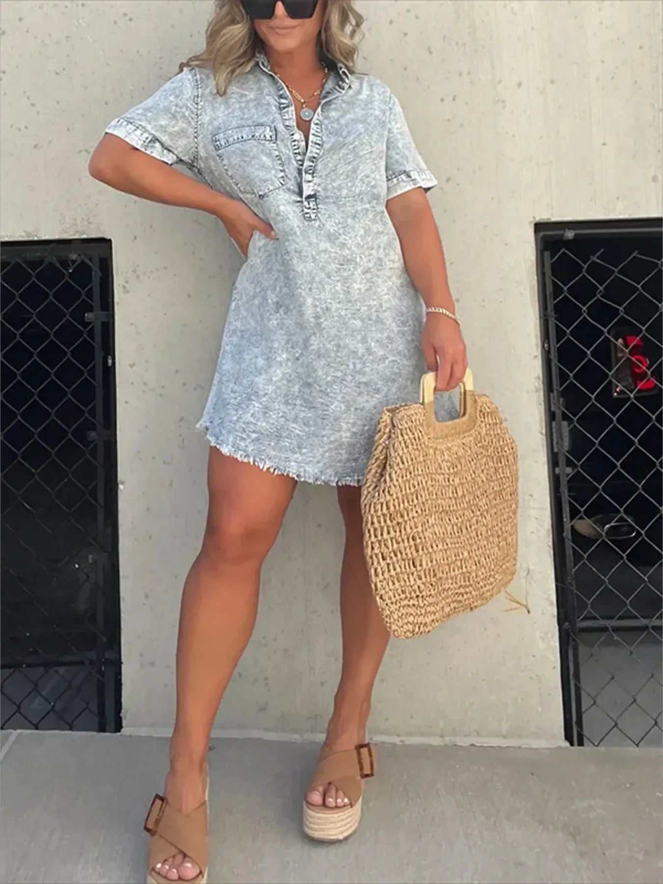 Full Size Raw Hem Short Sleeve Denim Dress Plus Size Grey - Fashorio
