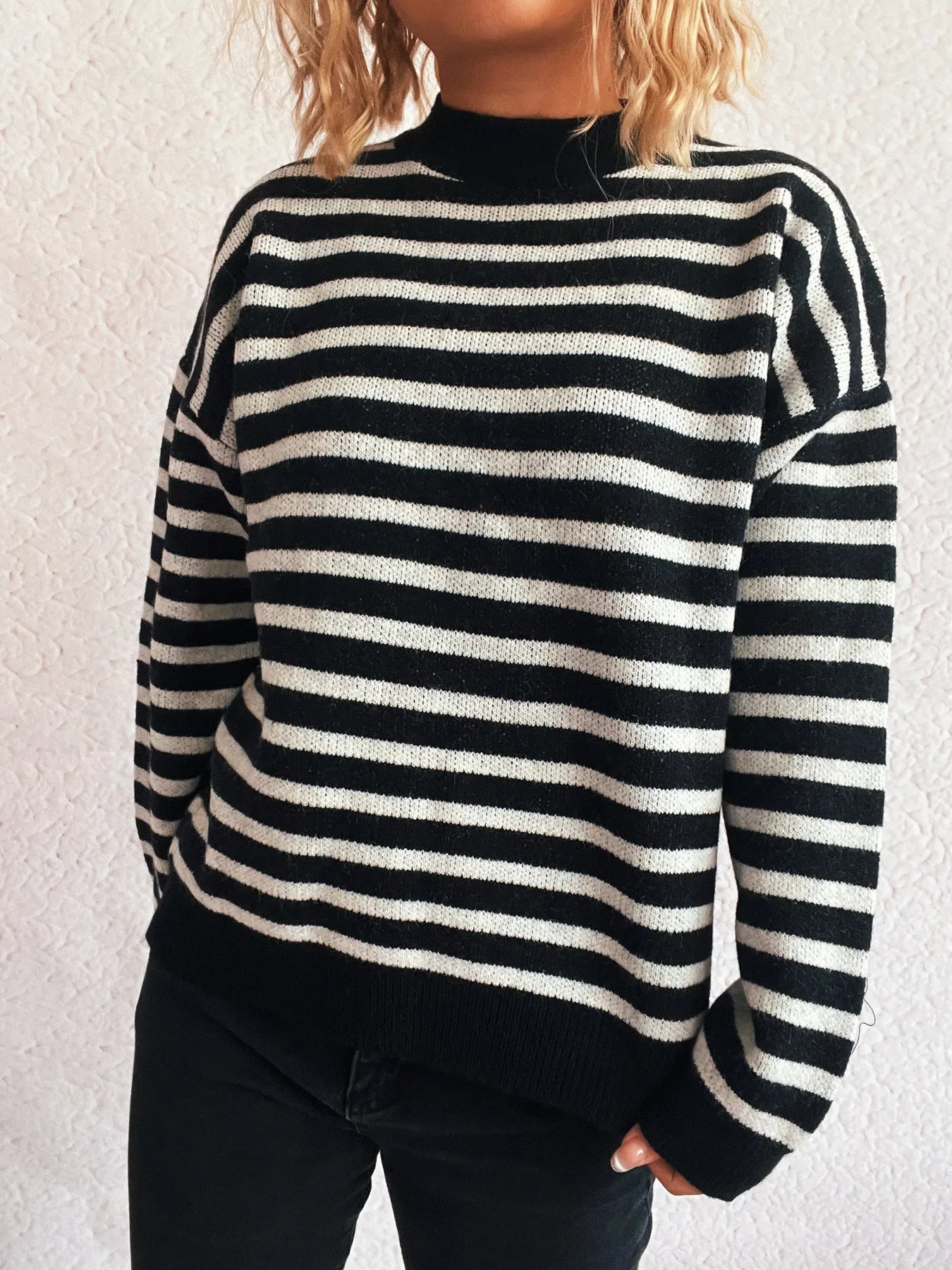 Striped Mock Neck Long Sleeve Sweater - Fashorio