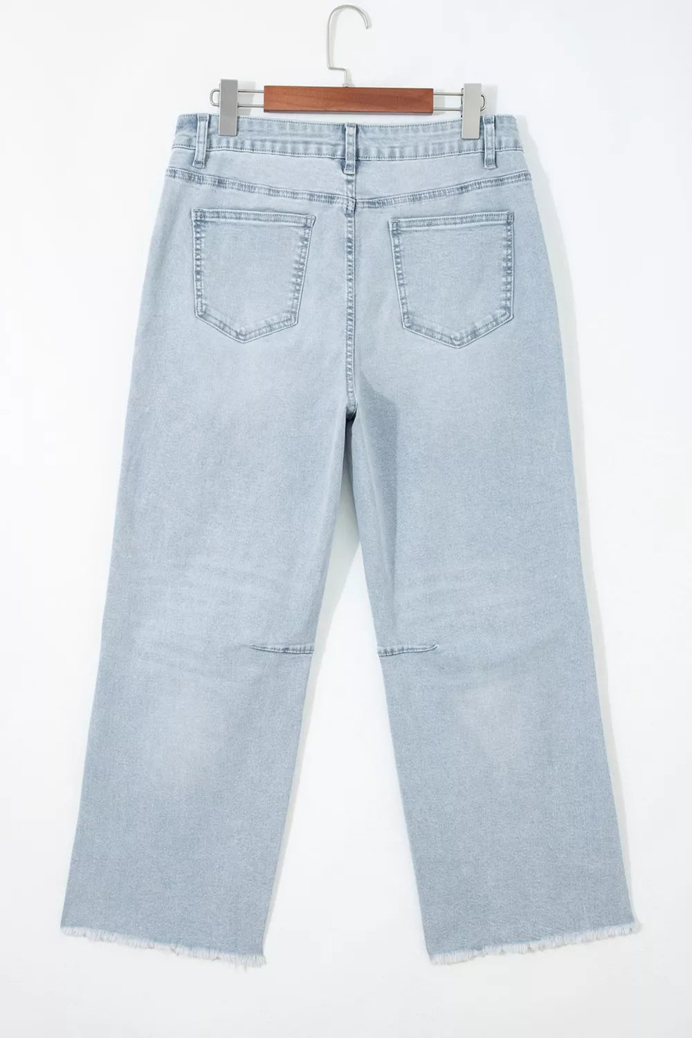 Back view of light wash straight leg jeans