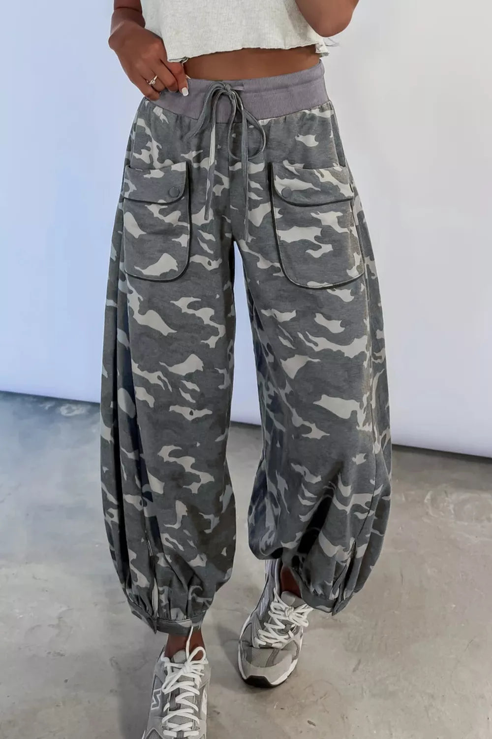 Camouflage cargo barrel pants side view