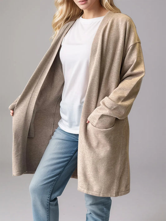 Open Front Long Sleeve Cardigan with Pockets Mocha - Fashorio