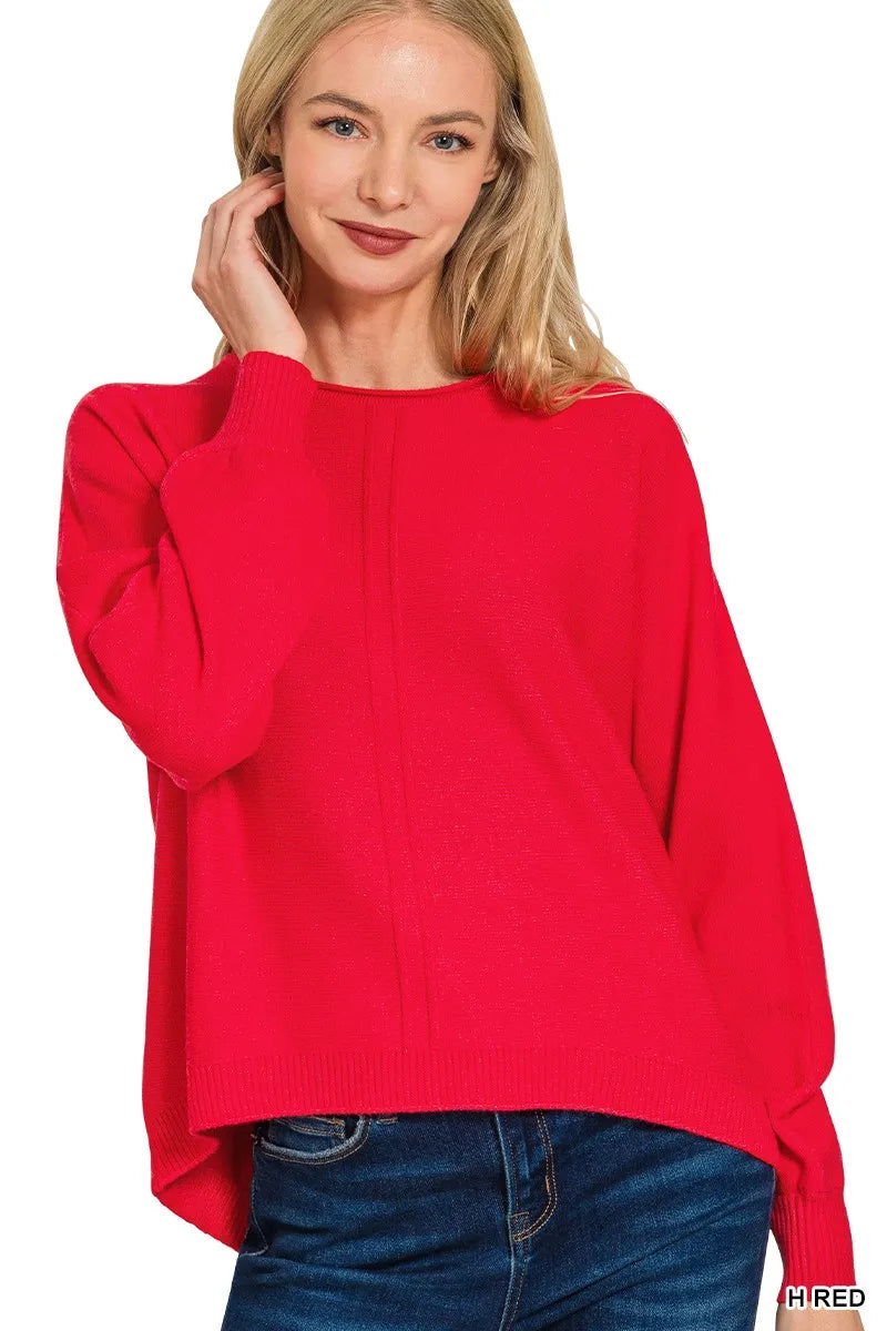 Viscose Front Seam Round Neck Sweater in Red
