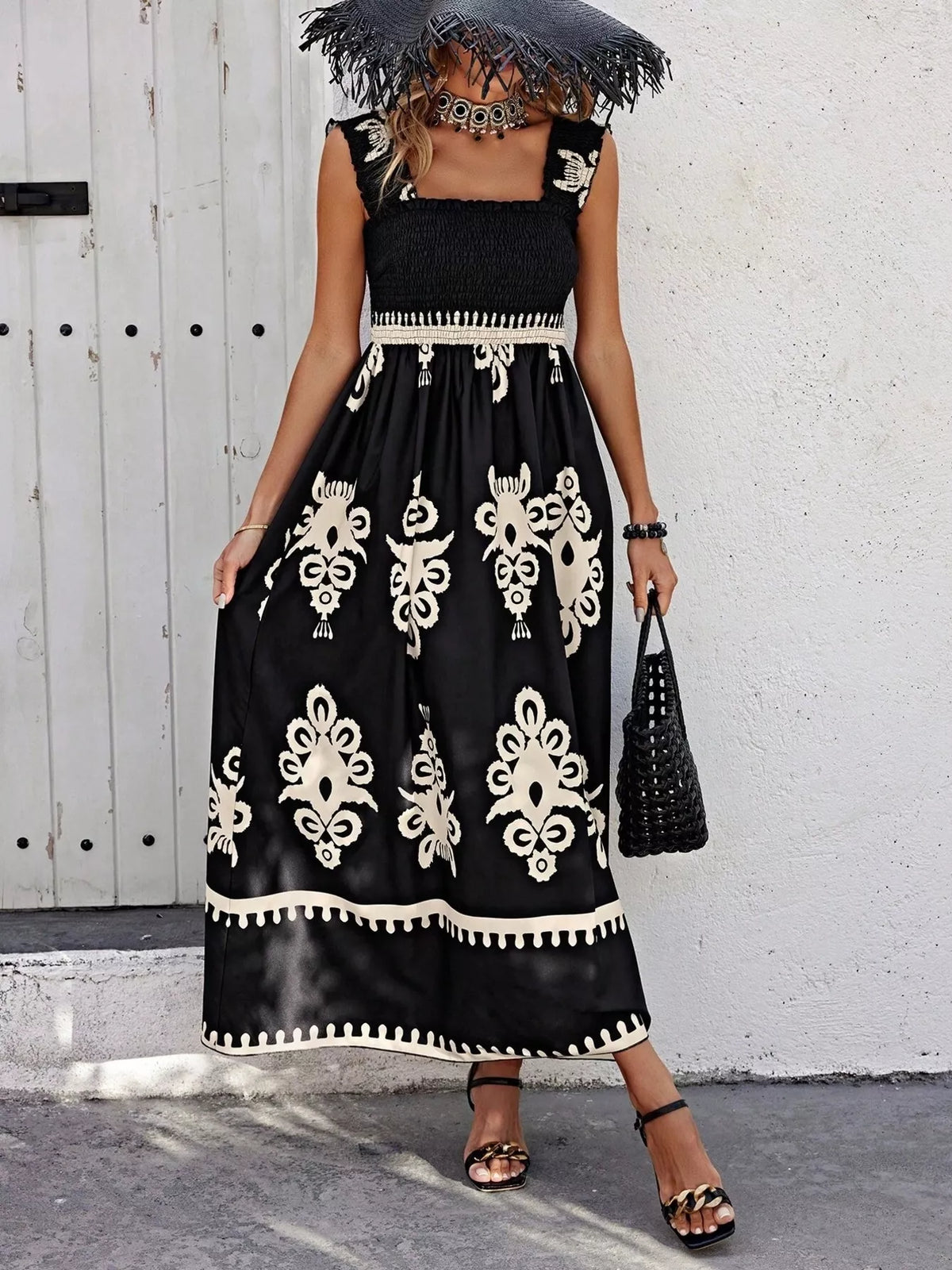 printed square neck smocked maxi dress sleeve detail
