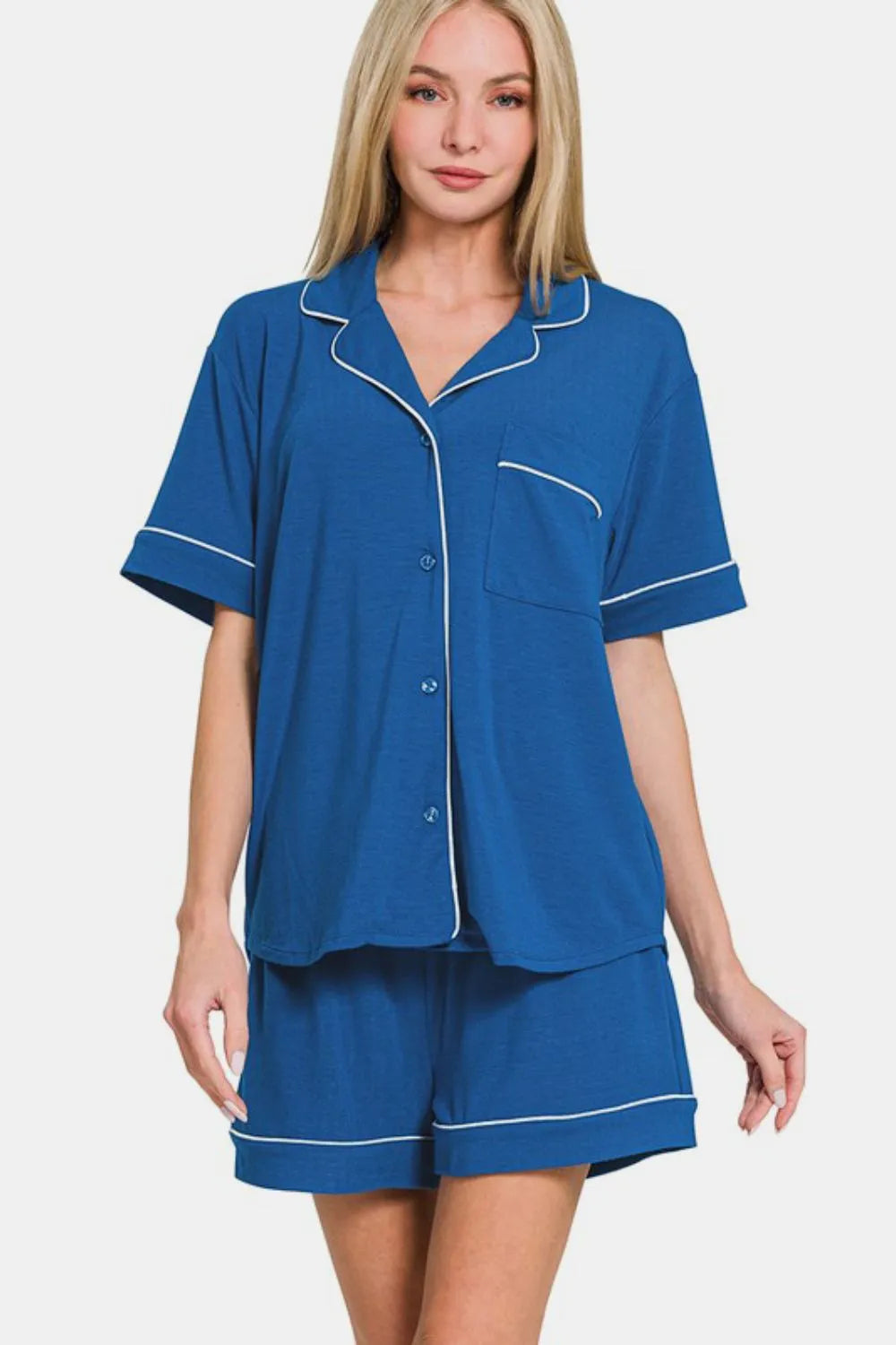 Zenana Button Down Short Sleeve Top and Shorts Lounge Set Classic Blue - Fashorio