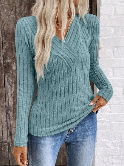 Ribbed V-Neck Long Sleeve Knit T-Shirt - Fashorio